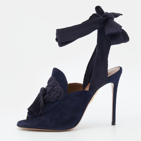 Aquazzura Navy Blue Suede Tassel Ankle Wrap Sandals Size 36